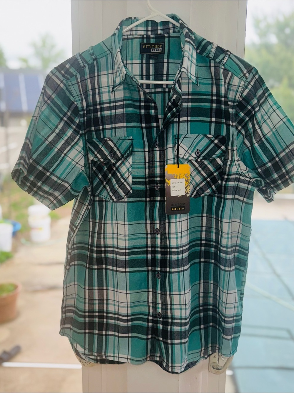 Attitude Plaid Men's Large Western Shirt Mint Green White Button Up Pockets NWT